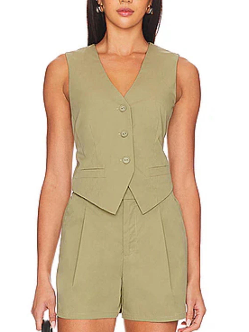 Steve Madden Olive Sleeveless V-Neck Vest and High-Waist Shorts Set